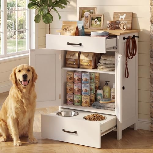 Hidden Pet Feeding Station with Elevated Bowls & Storage Drawer