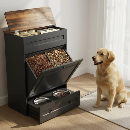 Elevated Dog Feeding Station with Hidden Bowls & Storage Cabinet