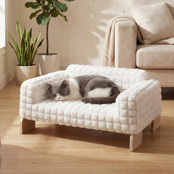 Veehoo Elevated Wood Cat Sofa with Soft Cushion - Modern Pet Sofa Bed, Plush Raised Cat Nest for Indoor Cats