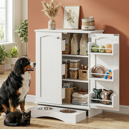 Dog Storage Cabinet with Feeding Bowl Station