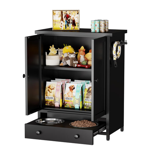 Dog Feeding Station with Storage Cabinet, Elevated Bowls & Hooks