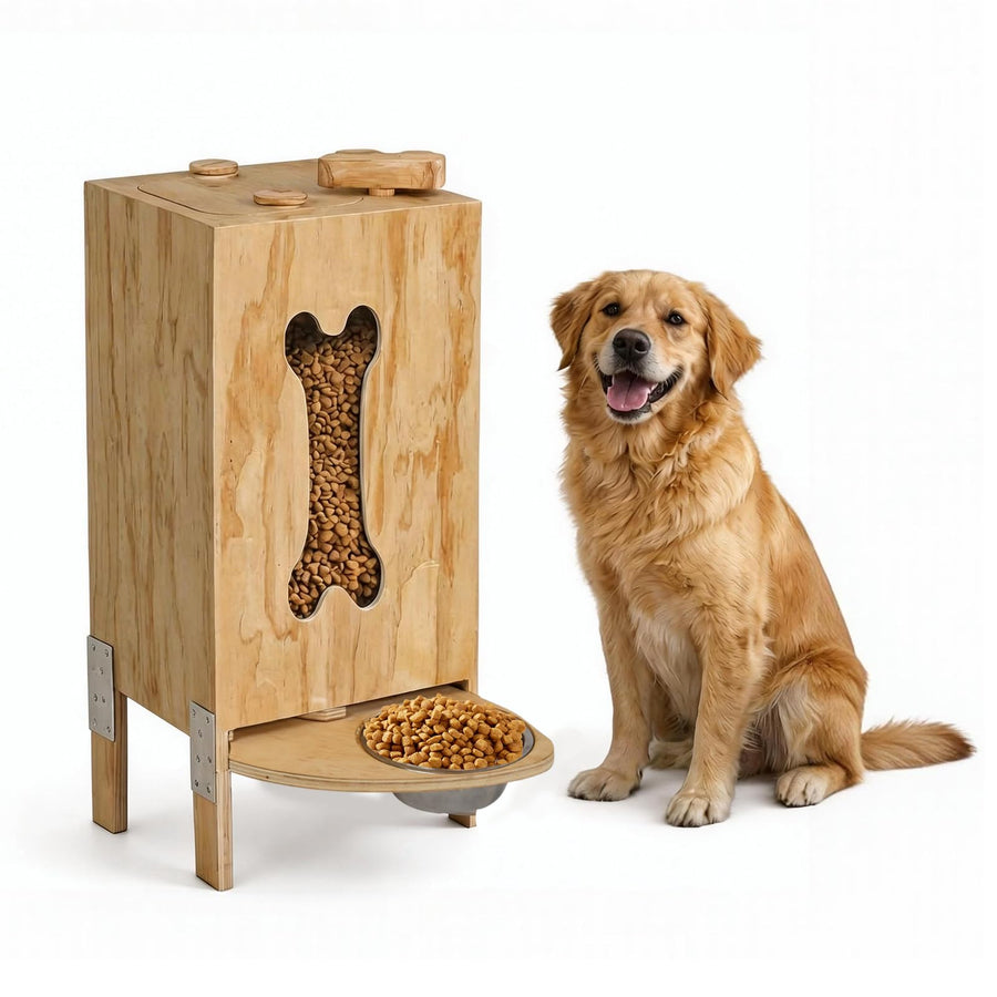 Wooden Dog Feeding Station with Elevated Bowls & Food Storage Cabinet