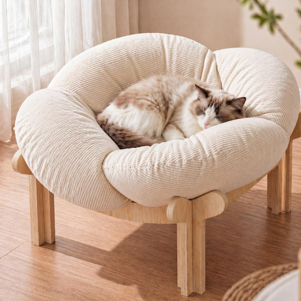 Elevated Flower Cat Bed with Fluffy Cushion – Wooden Pet Sofa Lounge Chair