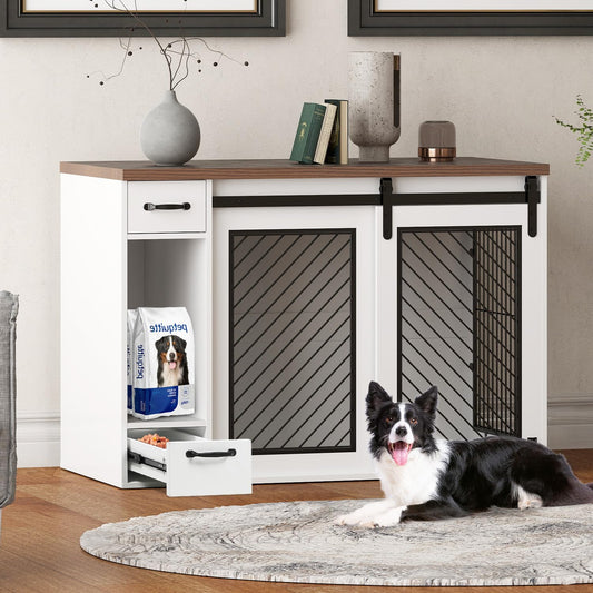 Large Indoor Dog Crate Furniture with Storage, Sliding Doors & Feeder Bowls