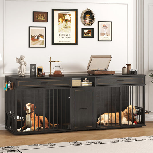 86.6" Double Room Dog Crate TV Stand with Storage & Bowls