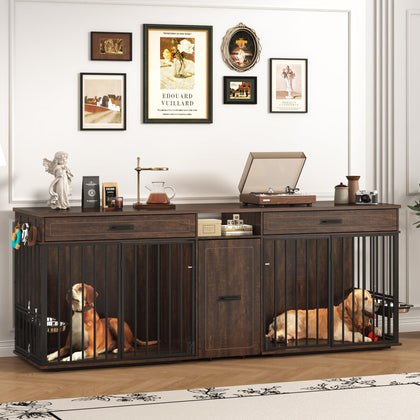 86.6" Double Room Dog Crate TV Stand with Storage & Bowls