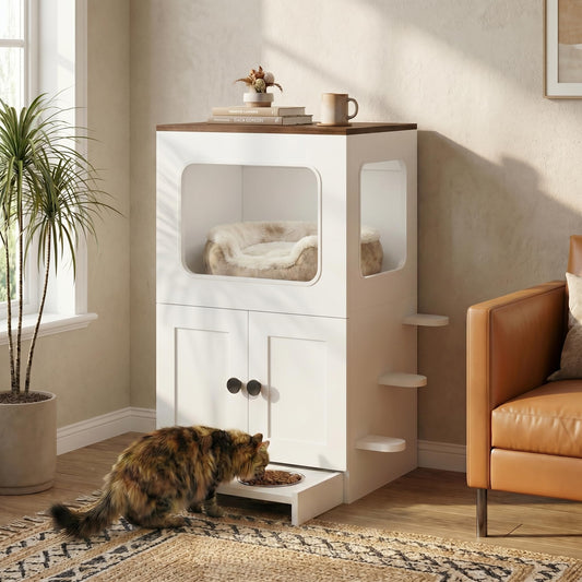 2-Tier Cat Feeding Station with Storage & Pull-Out Bowls