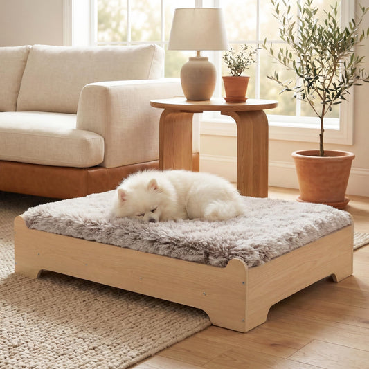Elevated Wooden Dog Bed with Washable Cushion – Modern Indoor Pet Furniture