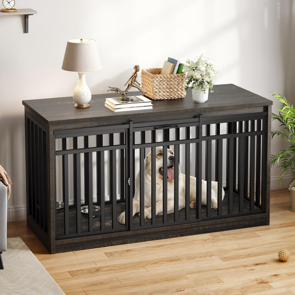 Extra Large Dog Crate TV Stand with Sliding Door & Dog Bowls