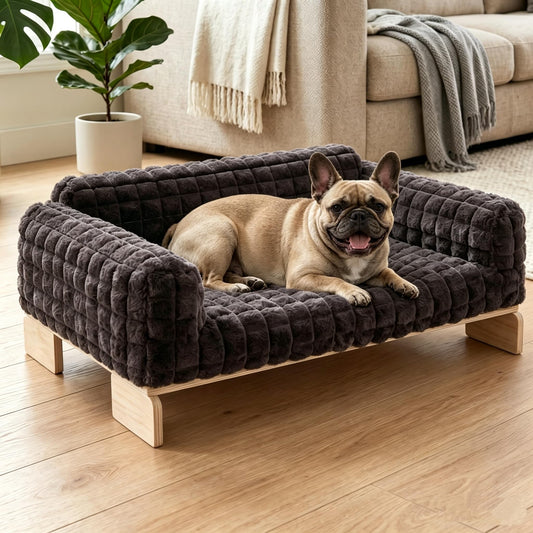 Veehoo Elevated Wood Cat Sofa with Soft Cushion - Modern Pet Sofa Bed, Plush Raised Cat Nest for Indoor Cats