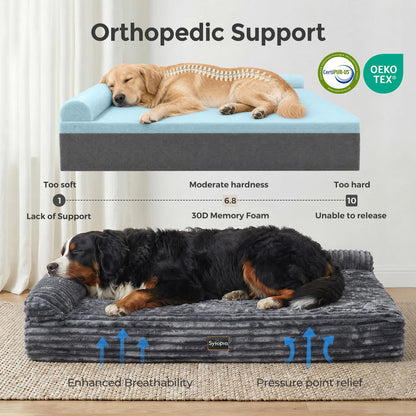 Orthopedic Memory Foam Dog Bed with Pillow – Extra Large 52"x36"x7" Grey