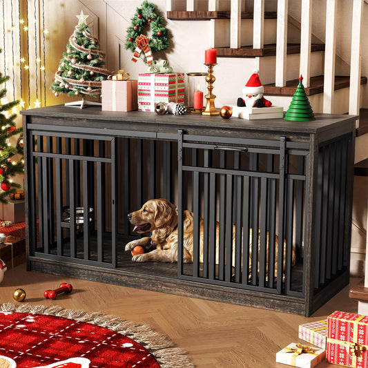 Extra Large Dog Crate TV Stand with Sliding Door & Dog Bowls